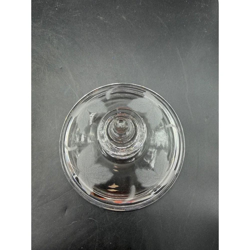 Vintage Etched Glass Pedestal Candy Dish with Lid Leaf Vine Footed Compote Clear